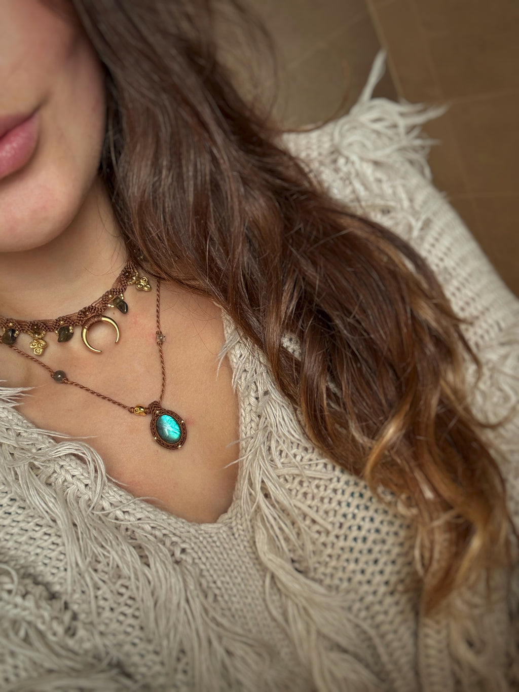 Collier Labradorite micro macramé - taupe