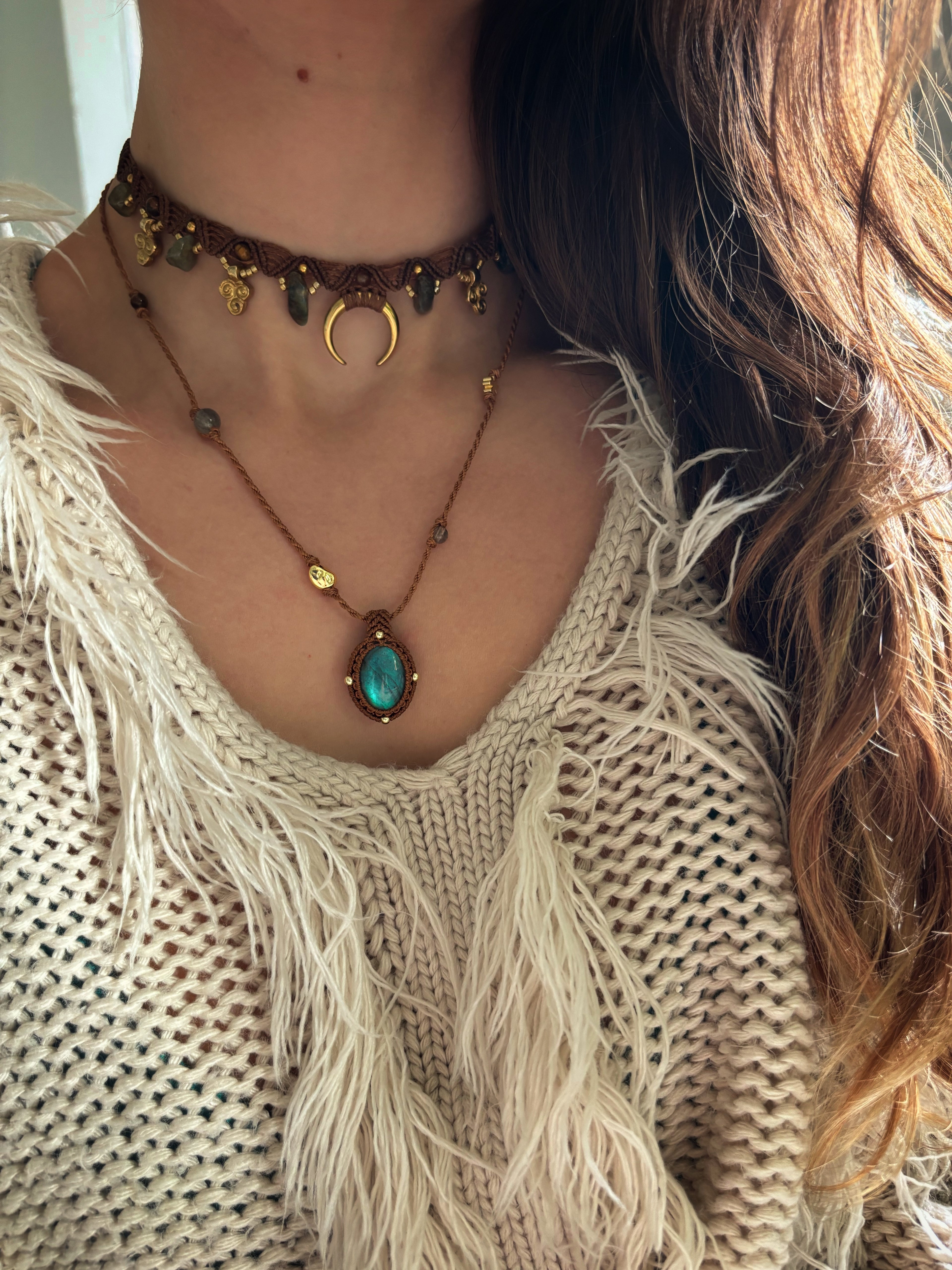 Collier Labradorite micro macramé - Marron