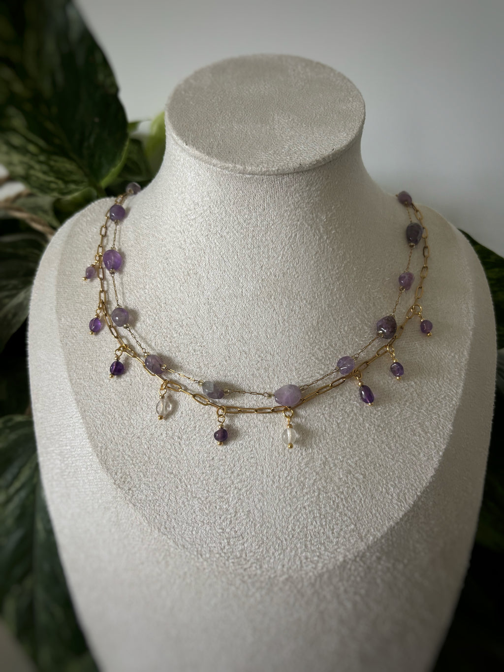 Collier double chaîne améthyste, cristal de roche