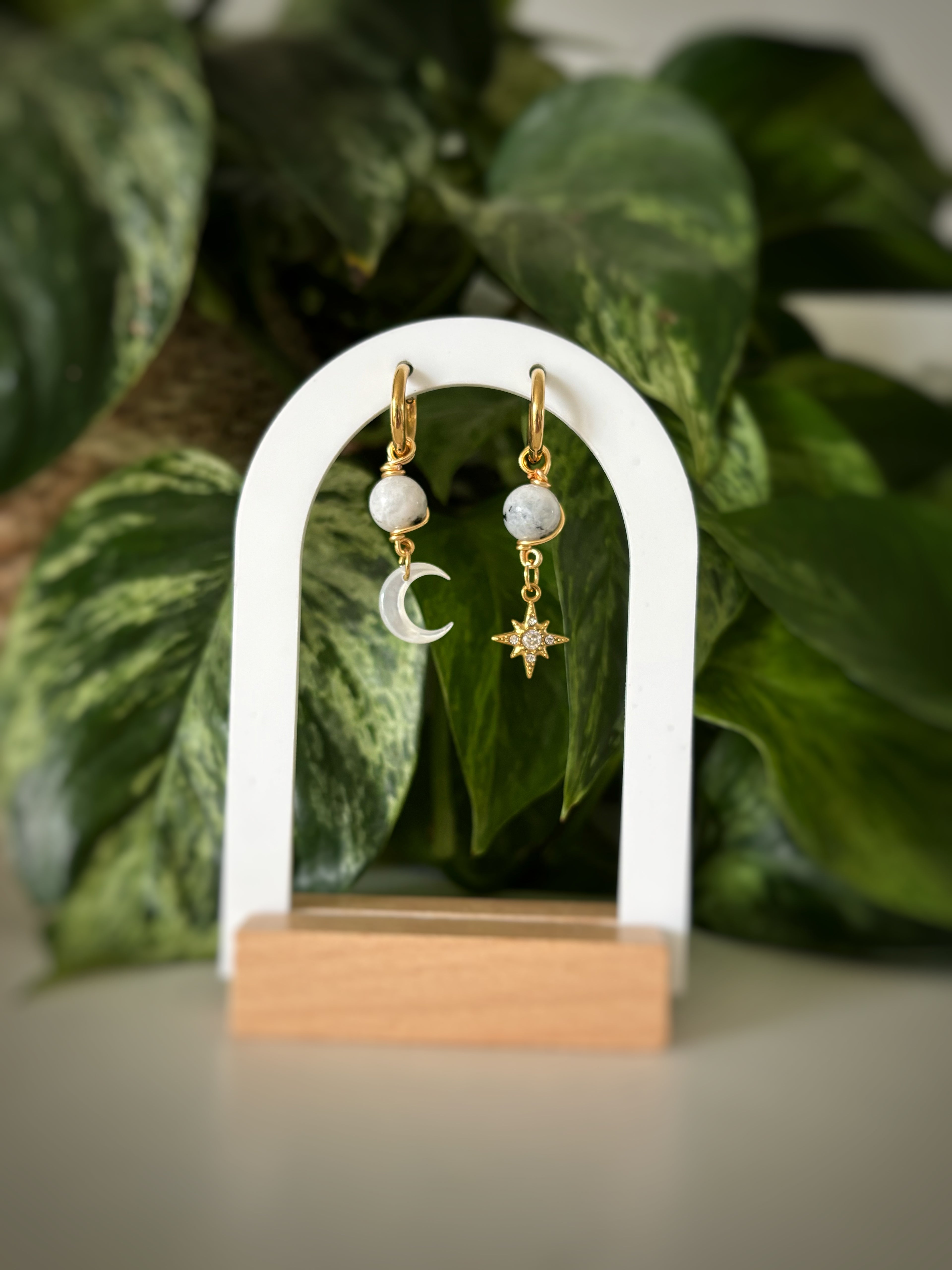 Boucles d’oreilles lune & étoile - Pierre de lune