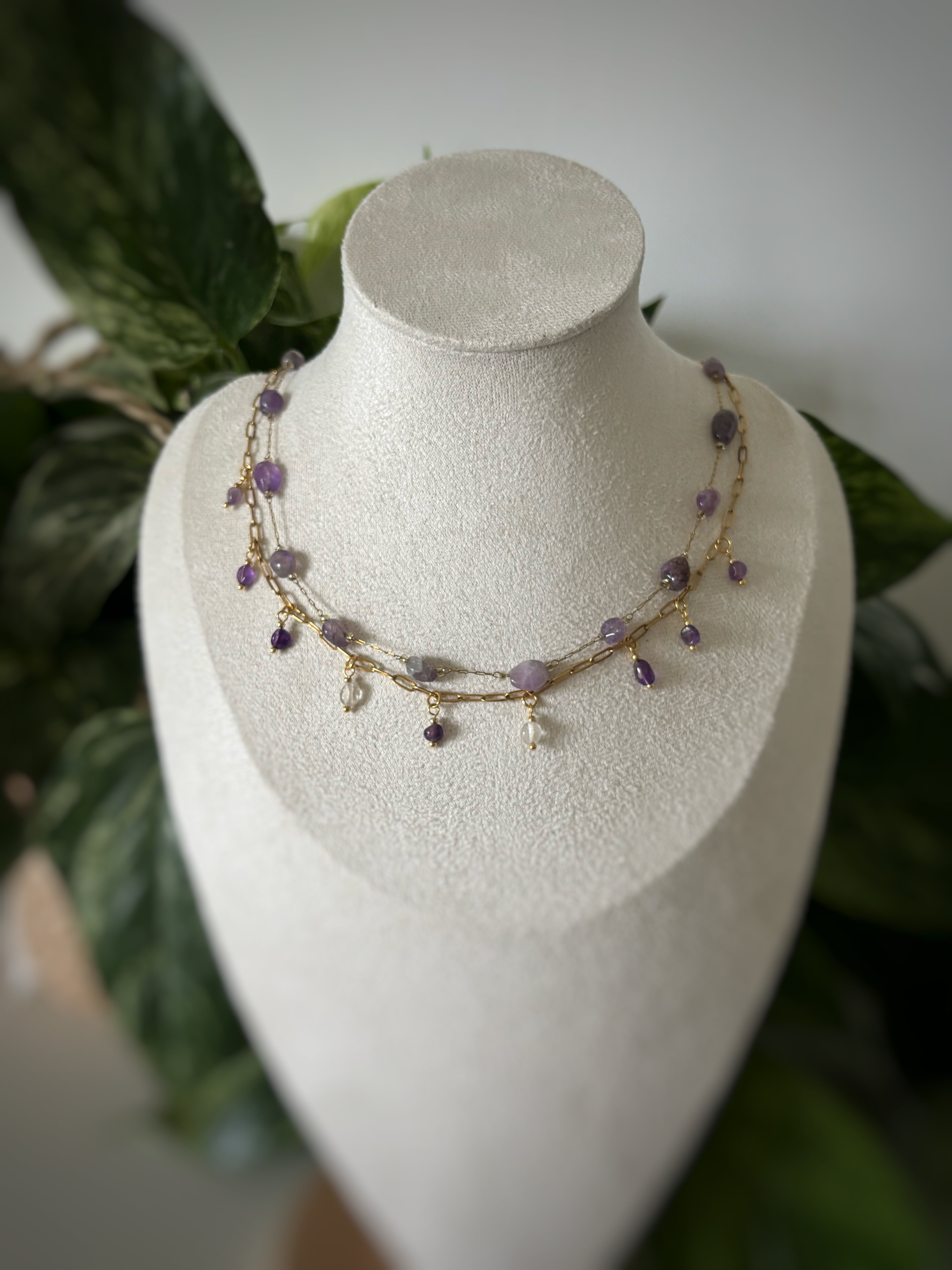 Collier double chaîne améthyste, cristal de roche