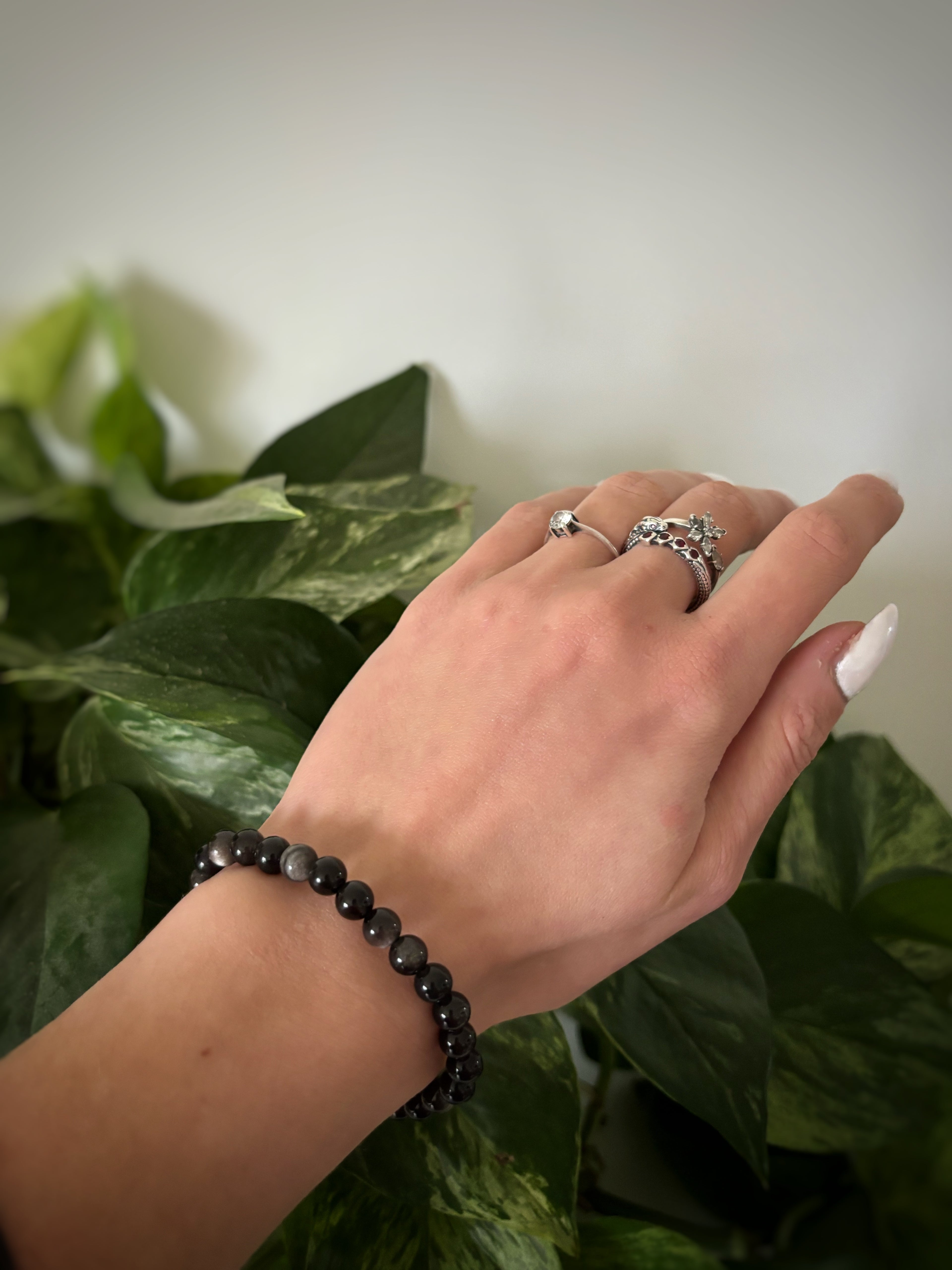 Bracelet Obsidienne Argentée – 6 mm