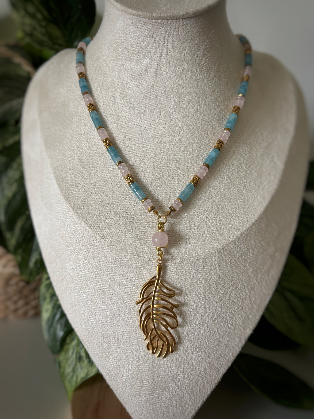 Collier feuille - Quartz rose, Amazonite
